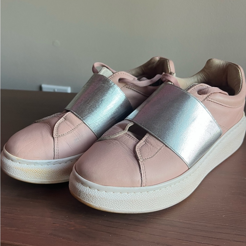 Topshop Pink Leather Sneakers Women’s 7.5 – Metallic Silver Strap Platform Shoes